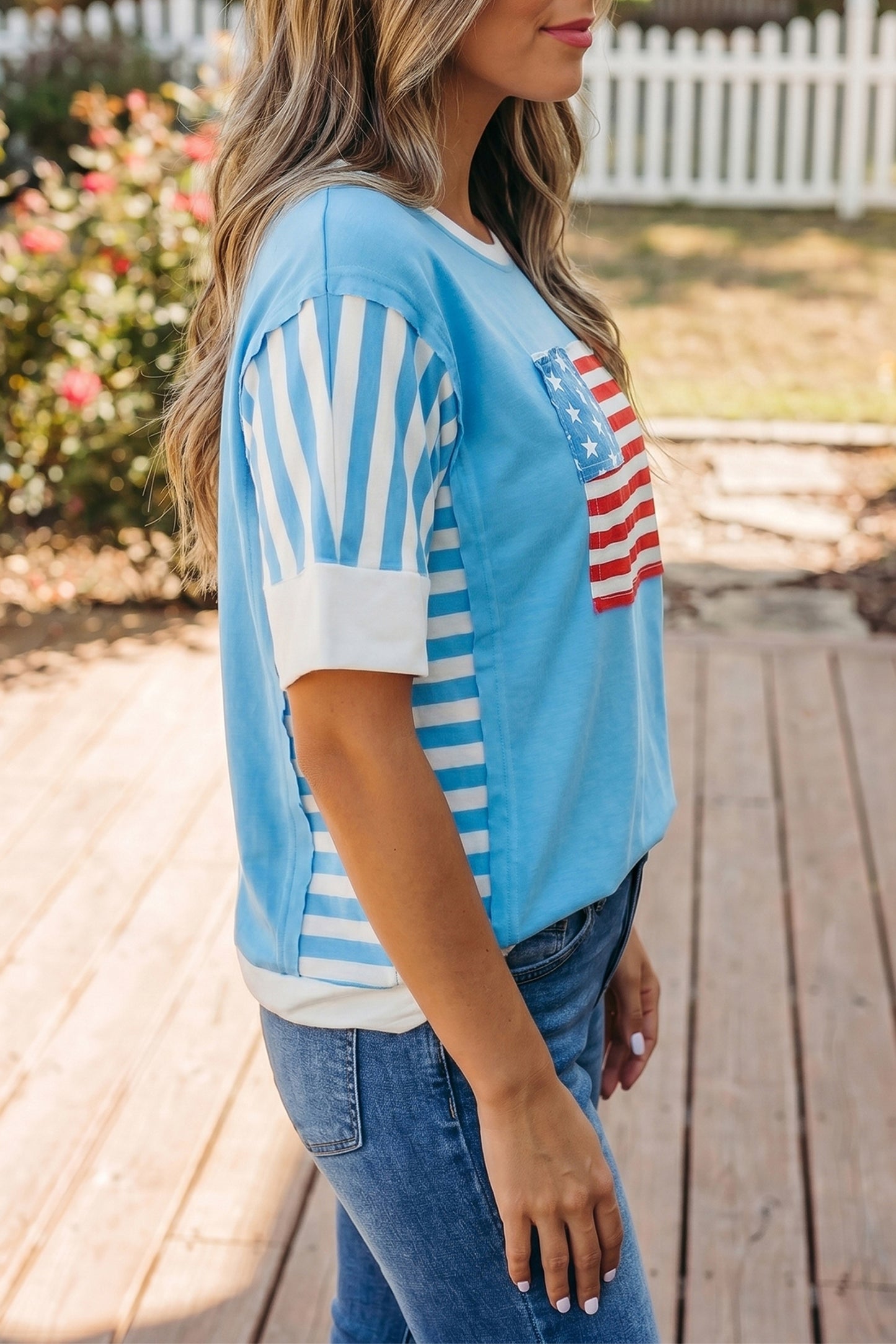 Light Blue Flag Print Patchwork Colorblock July 4th T Shirt