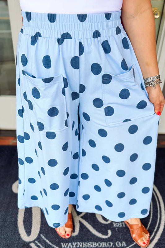 Sky Blue Polka Dot Elastic Waist Wide Leg Plus Size Pants