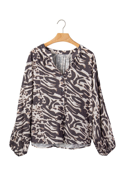 Parchment Leopard Print V Neck Button Down Balloon Sleeve Shirt