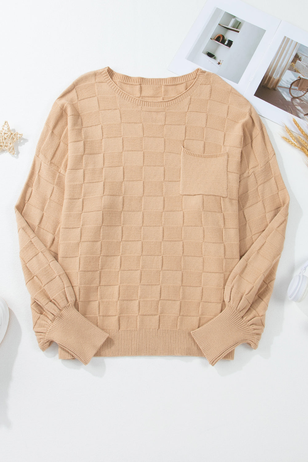 Pull en tricot texturé à carreaux uni beige clair grande taille