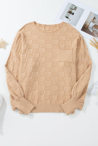Pull en tricot texturé à carreaux uni beige clair grande taille