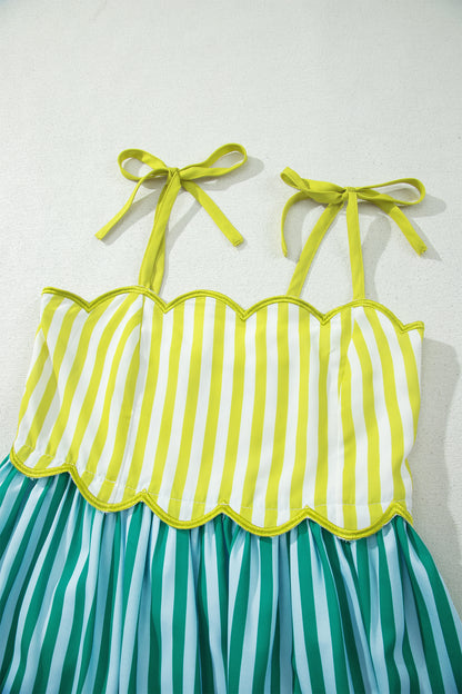 Green Stripe Scalloped Contrast Patchwork Knot Strap Midi Dress