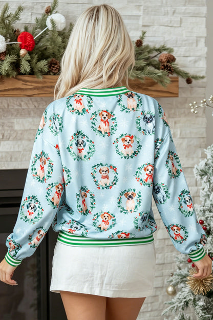 Sky Blue Abstract Dog Print Ribbed Cuff Round Neck Long Sleeve Sweatshirt