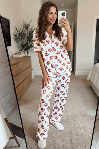 White Rugby Print Short Sleeve Button Down Top Loose Pants Game Day Pajama Set
