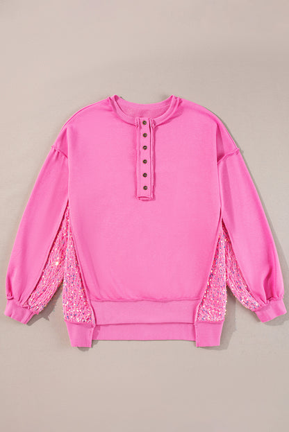 Sweat-shirt Henley à ourlet haut et bas en patchwork de sequins Bonbon