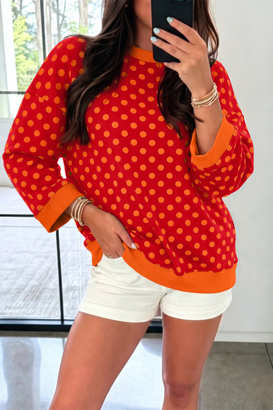 Red Polka Dot Print Contrast Trim Round Neck Bracelet Sleeve Top