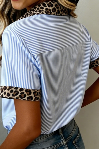 Sky Blue Stripe Leopard Contrast Collar Short Sleeve Shirt