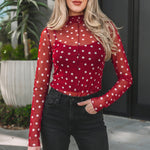 Red Polka Dot Patterned Bodycon Mock Neck Mesh Long Sleeve Top