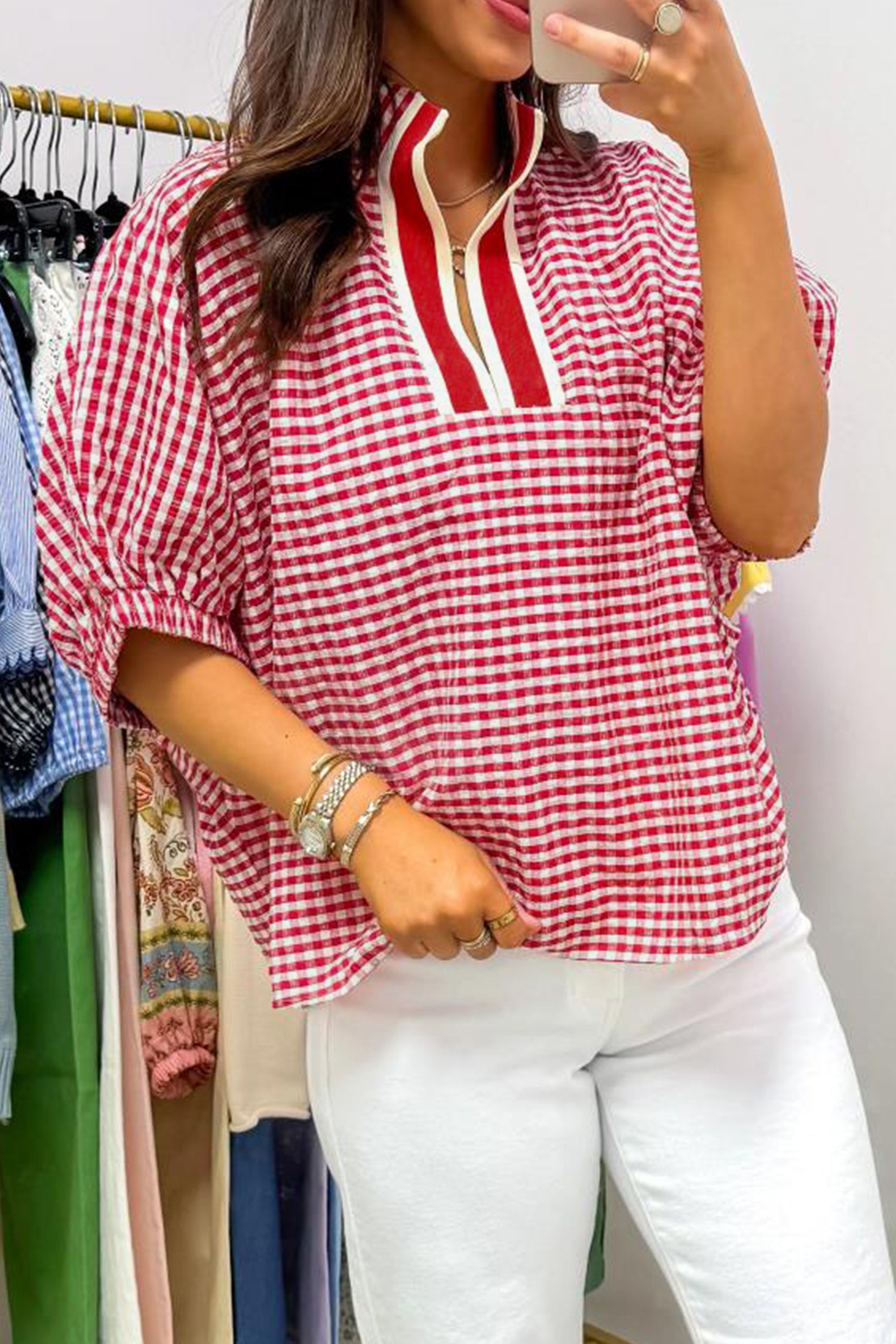Red Plaid Short Sleeve Colorblock Trim Split Neck Blouse