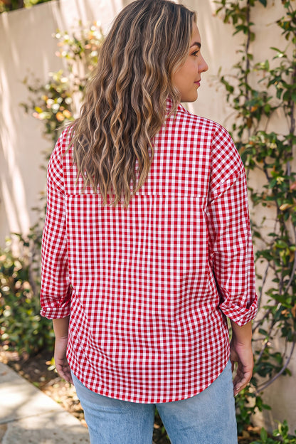 Red Plaid V Neck Long Sleeve Tunic Loose Fit Plus Size Shirt