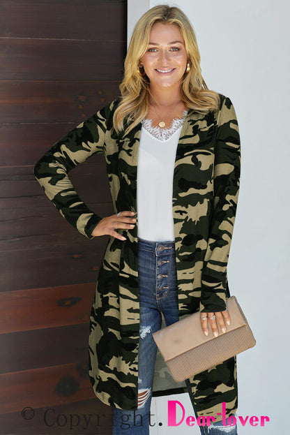 Cardigan long à imprimé camouflage vert