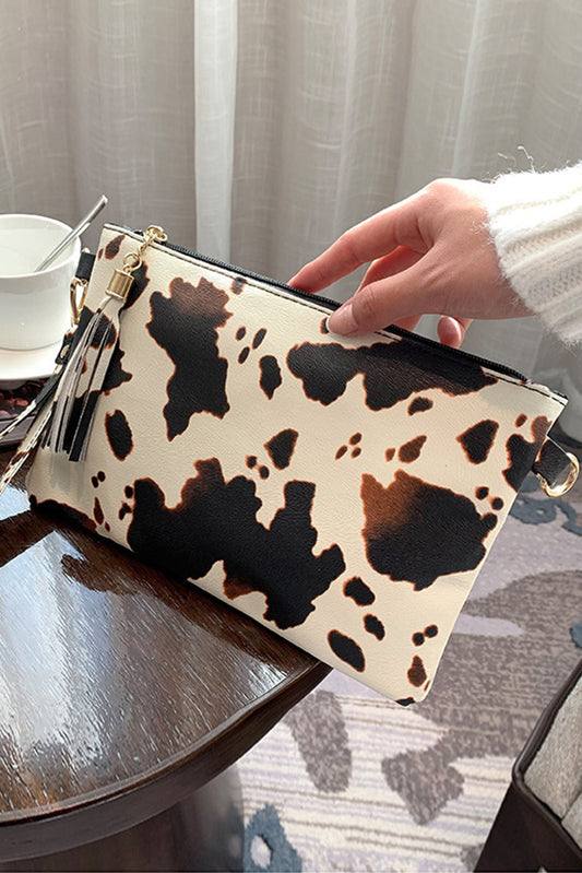 White Cow Print Wrist Strap Zipped Wallet