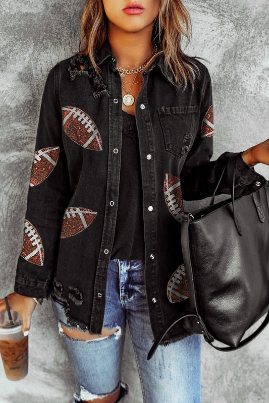 Black Sequined Rugby Graphic Frayed Denim Shacket