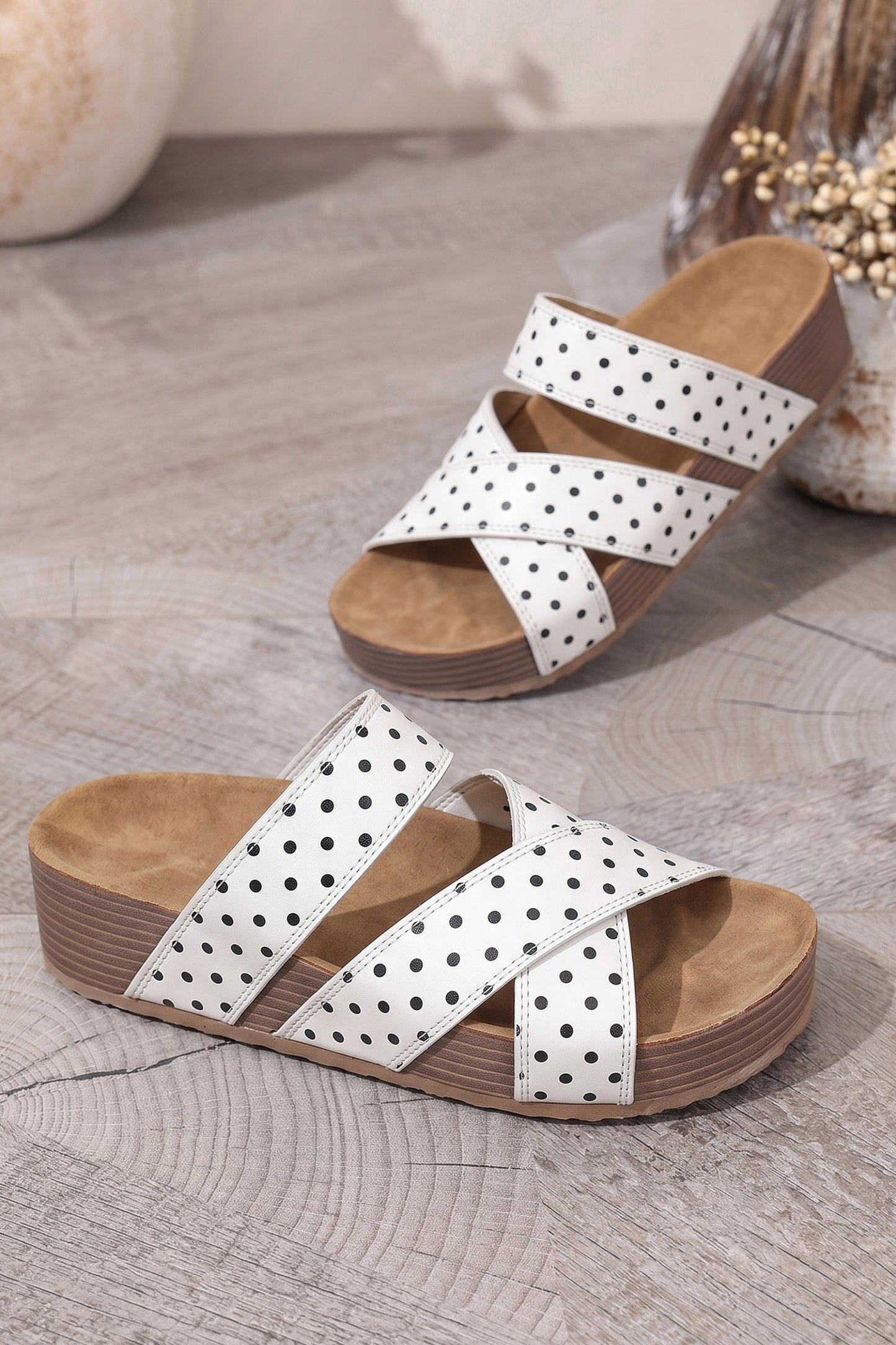 White Polka Dot Crossed Band Soft Suede Platform Slippers