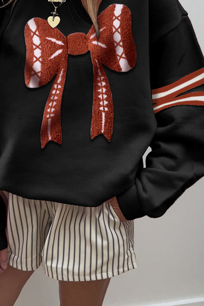 Black Varsity Baseball Bow Graphic Striped Sleeve Baggy Sweatshirt