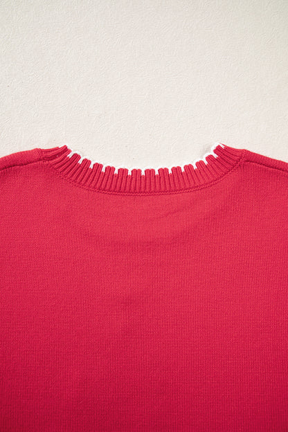 Racing Red Stitched Detail Christmas Tree Holiday Casual Sweater