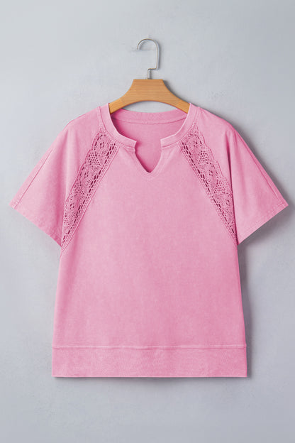Pink Raw Cut Notched Neck Lace Patchwork Detail Mineral Wash Tee