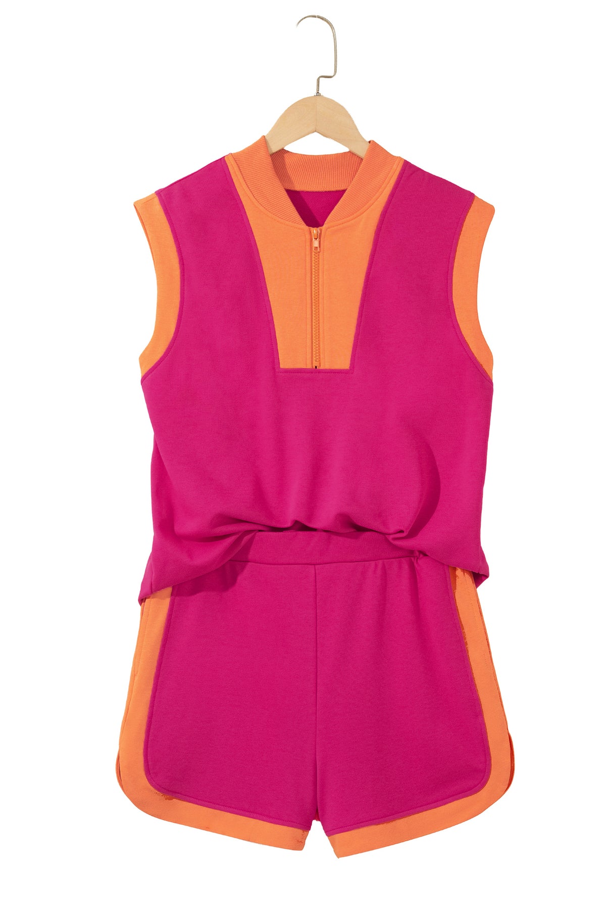 Green Color Block Accent Half Zip Top Athleisure Shorts Set