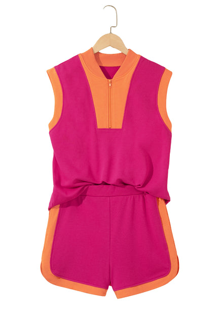 Green Color Block Accent Half Zip Top Athleisure Shorts Set