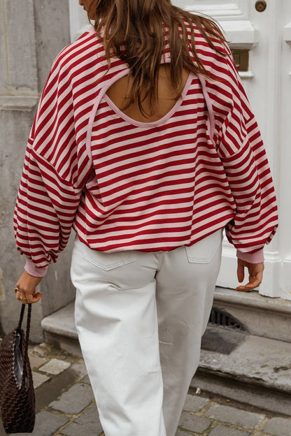Red Stripe Cutout Open Back Long Sleeve Loose Top