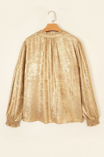 Gold Metallic Sheen V Neck Gathered Cuff Long Sleeve Blouse