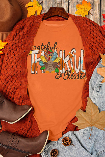 T-shirt orange avec motif de dinde reconnaissante et bénie pour Thanksgiving