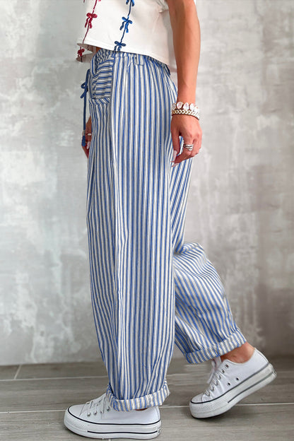 Blue Stripe Drawstring Casual Loose Pants