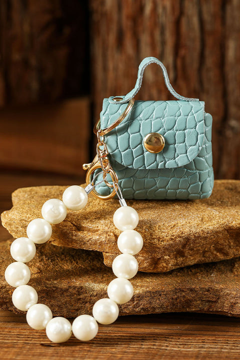 Llavero mini bolso con cuentas de perlas azul niebla 