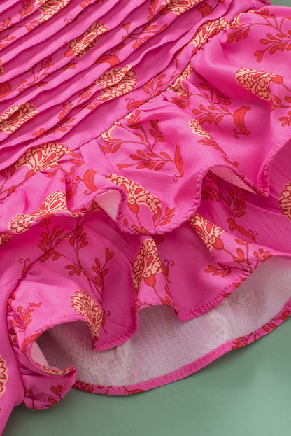 Chemisier plissé à imprimé floral rouge rose et manches flottantes