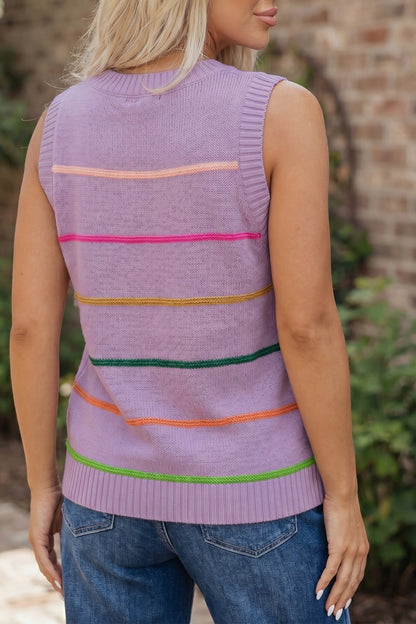 Purple Stripe Round Neck Knitted Sweater Tank