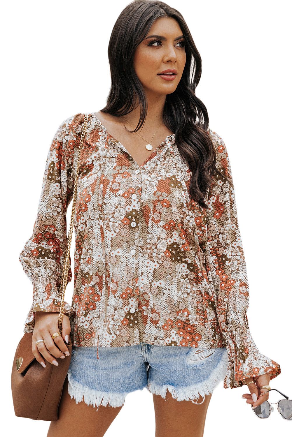 Blusa con botones y cuello en V con estampado floral 