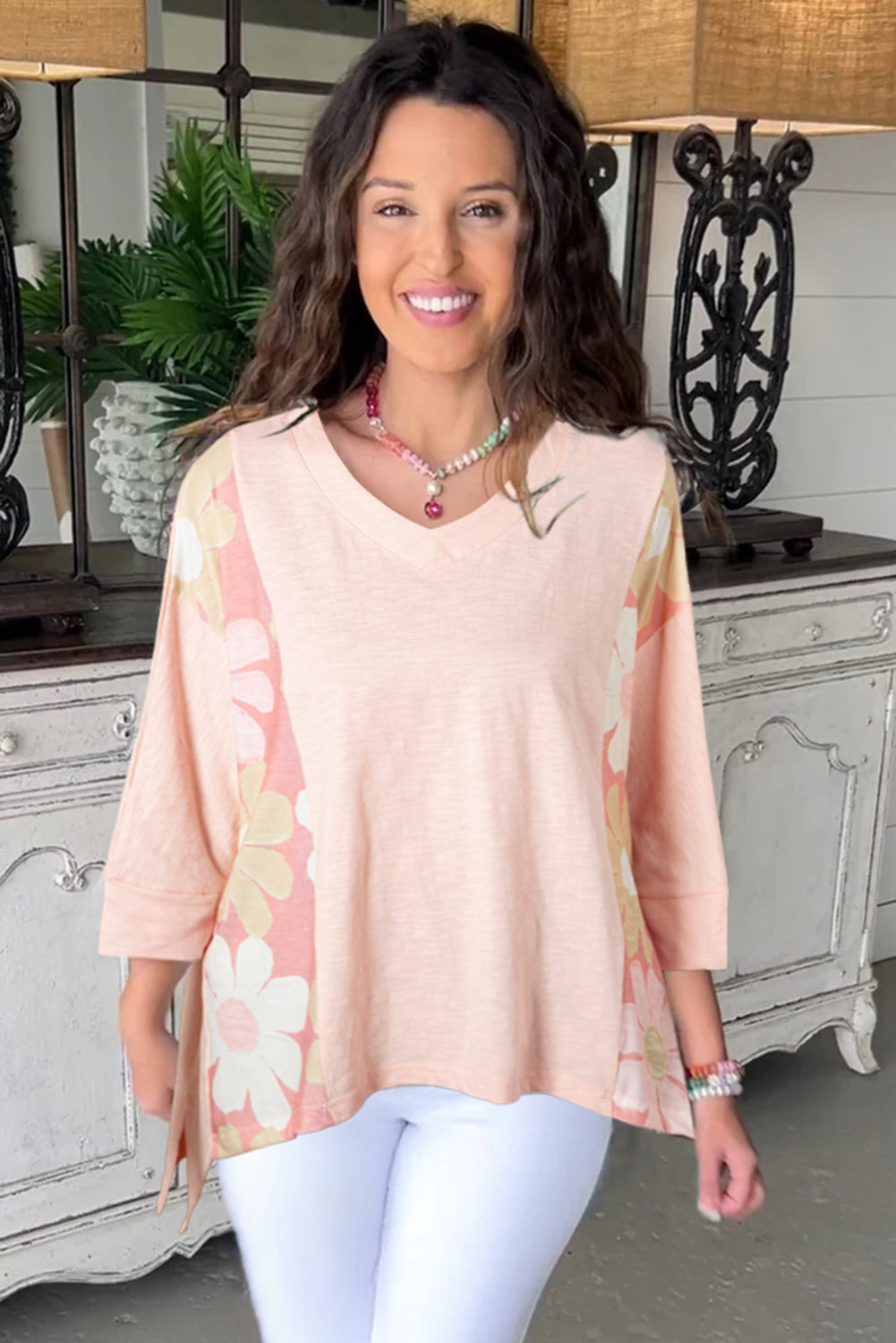 Haut-bas surdimensionné à coutures apparentes et patchwork de fleurs roses