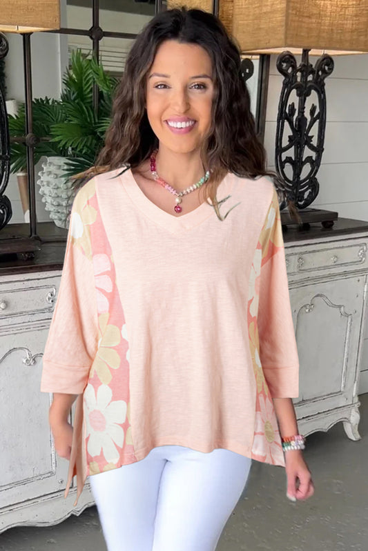 Haut-bas surdimensionné à coutures apparentes et patchwork de fleurs roses