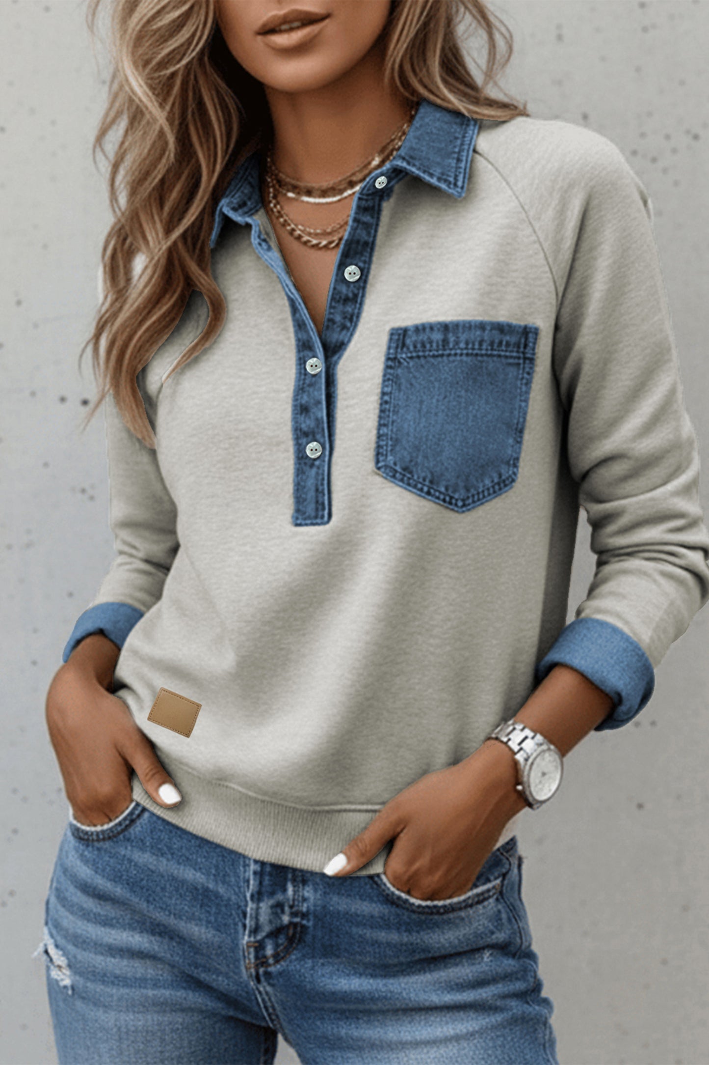 Sleet Denim Collar Patchwork Long Sleeve Pullover Top