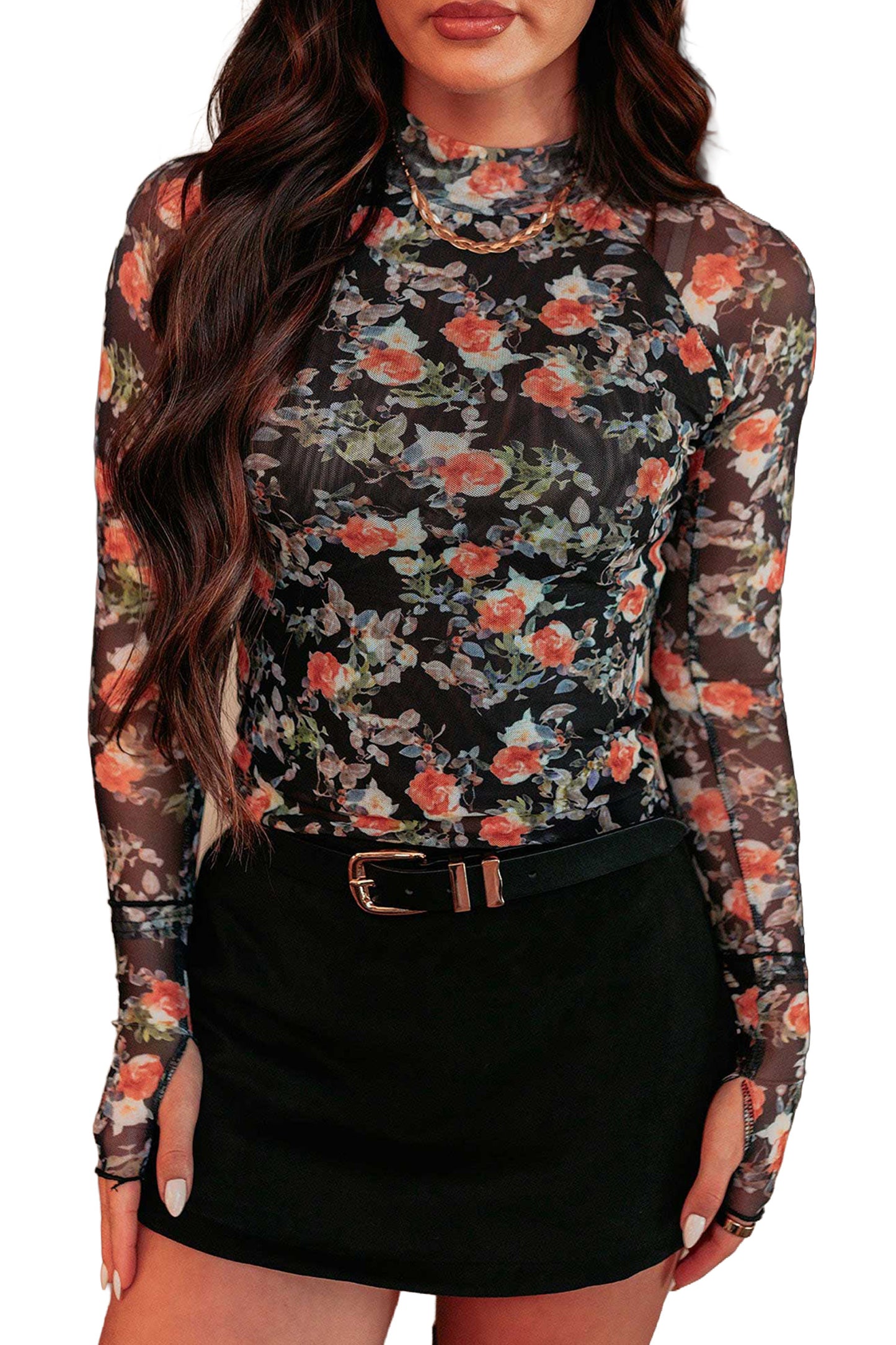 Black Floral Print Mesh Thumb Hole Long Sleeve Pullover Top