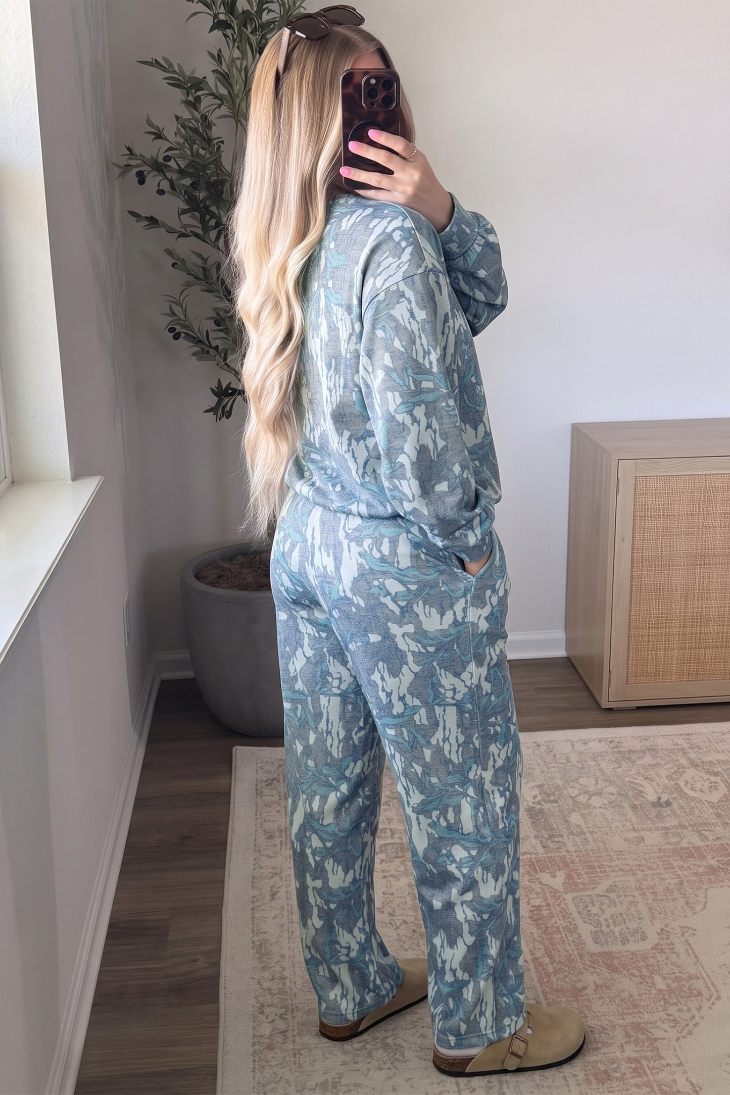 Multicolour Abstract Floral Print Loose Pullover Drawstring Pants 2pcs Set
