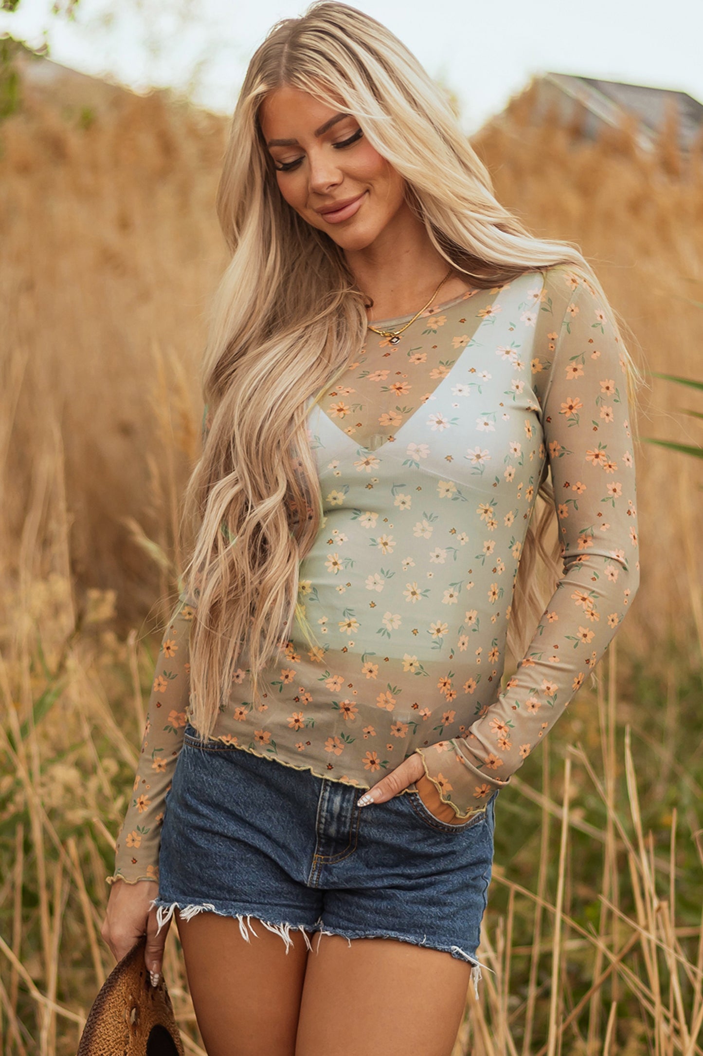 Pink Vintage Floral Print Southern Style Mesh Long Sleeve Top