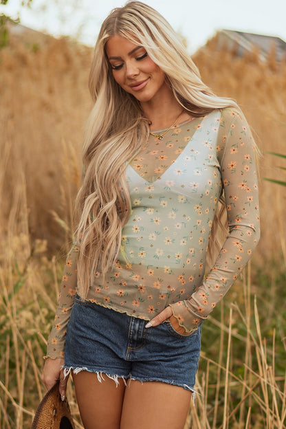 Pink Vintage Floral Print Southern Style Mesh Long Sleeve Top