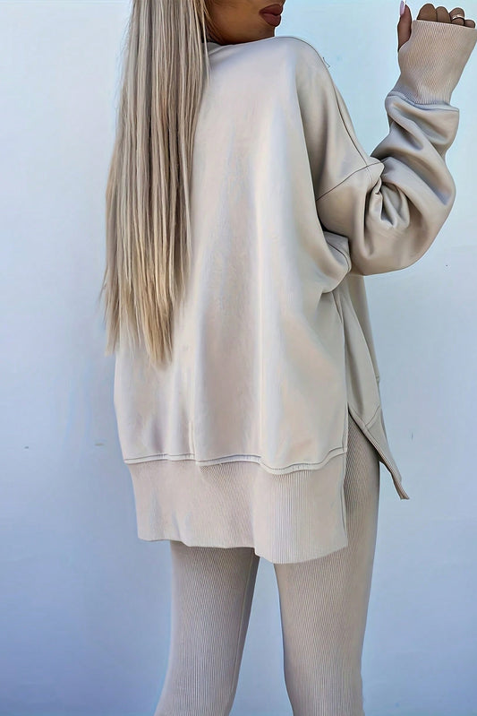 Jet Stream Solid Color Oversize Slit Sweatshirt Ribbed Leggings 2pcs Set