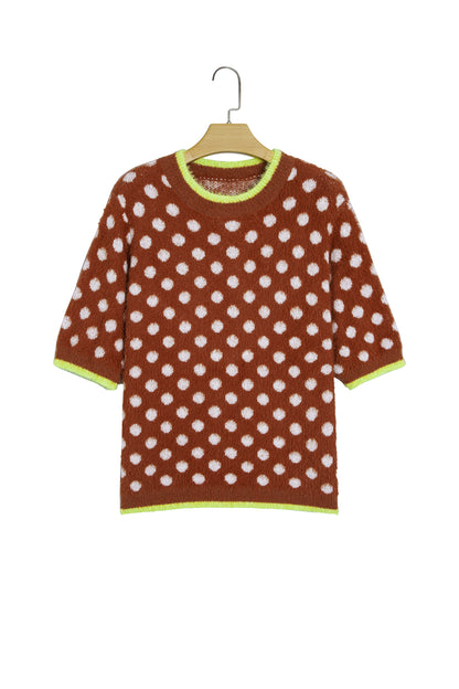 Coffee Polka Dot Contrast Trim Round Neck Half Sleeve Sweater