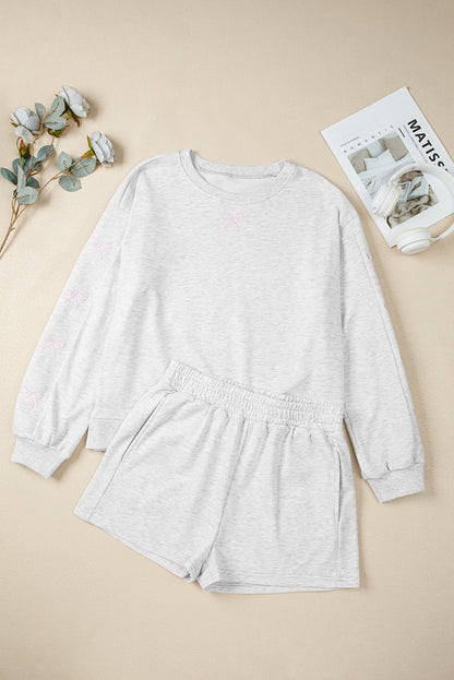 Sachet Pink Girly Bow Embroidered Detail Puff Sleeve Pullover 2pcs Short Set