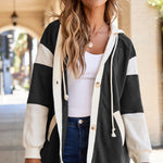 Black Waffle Contrast Knit Color Block Patchwork Button Front Oversize Hoodie
