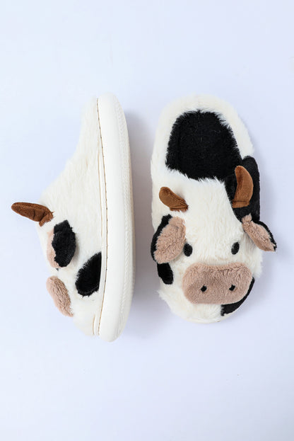 Chaussons blancs en peluche motif vache et animaux de dessin animé 
