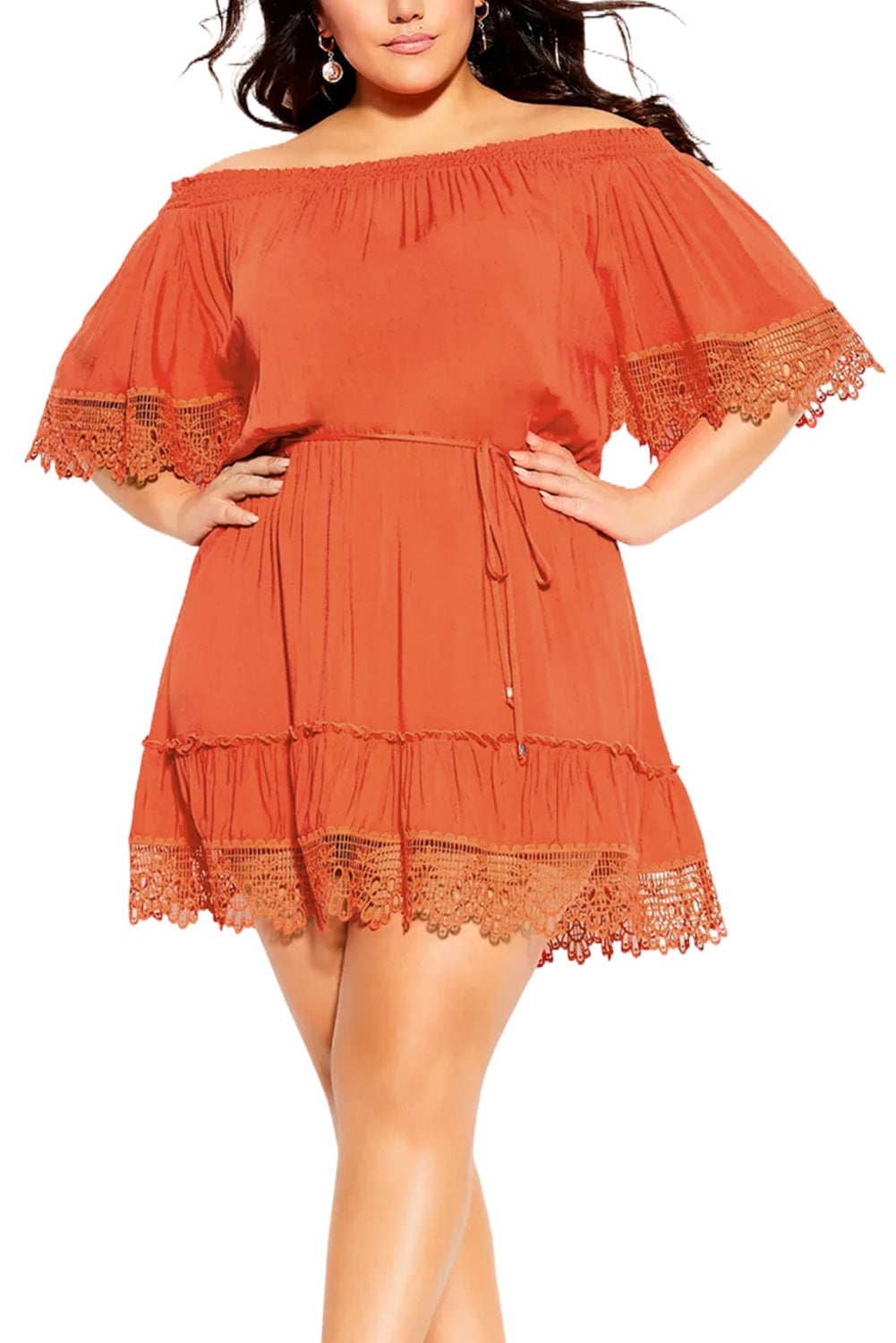 Plus Size Crochet Detail Belted Off Shoulder Dress