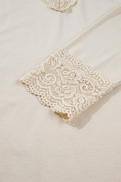 Apricot Lace Splicing V Neck Long Sleeve Top