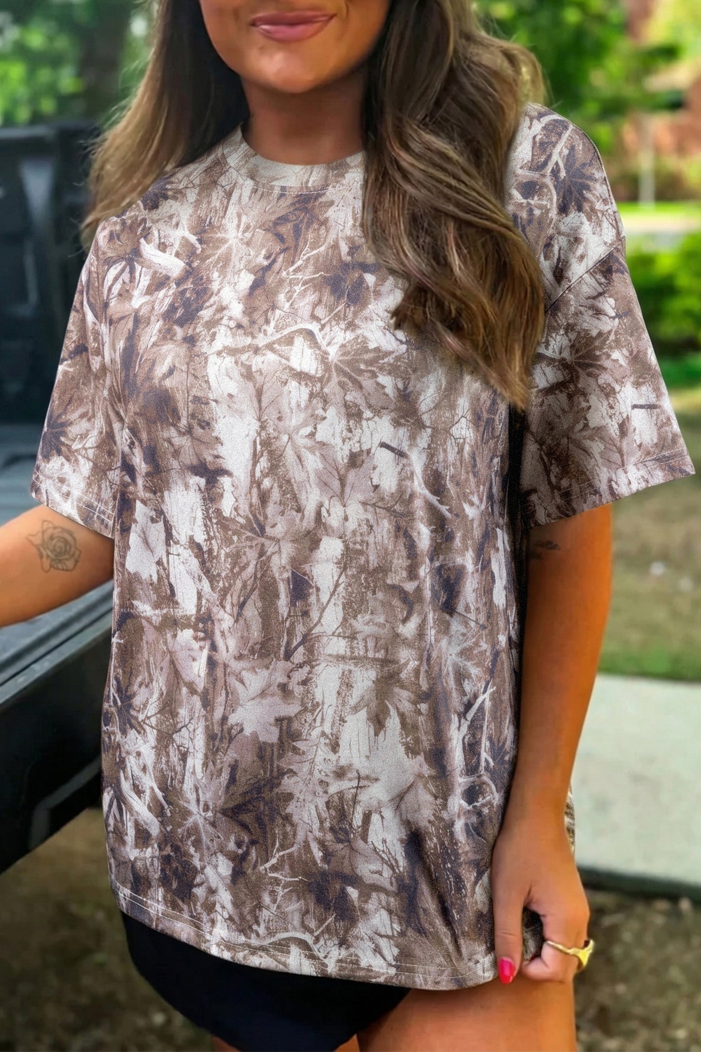 Khaki Camouflage Woodland Print Drop Shoulder Tunic Tee