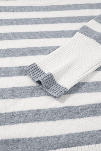 Gray Stripe Ribbed Buttoned Detail Drop Shoulder Tunic Sweater