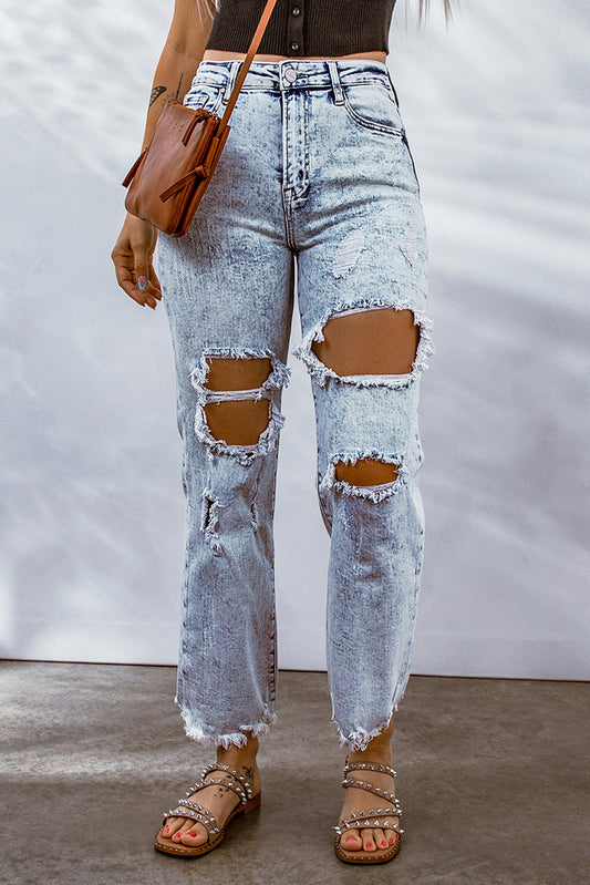 Hollow-out Light Washed Ripped Boyfriend Jeans