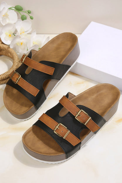 Color black Faux Suede Contrast Buckle Strap Retro Platform Slippers