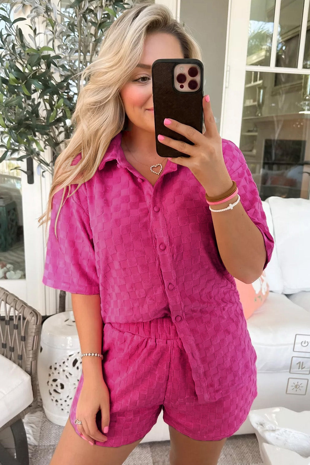 Ensemble 2 pièces court en tricot éponge à carreaux grande taille Peach Blossom